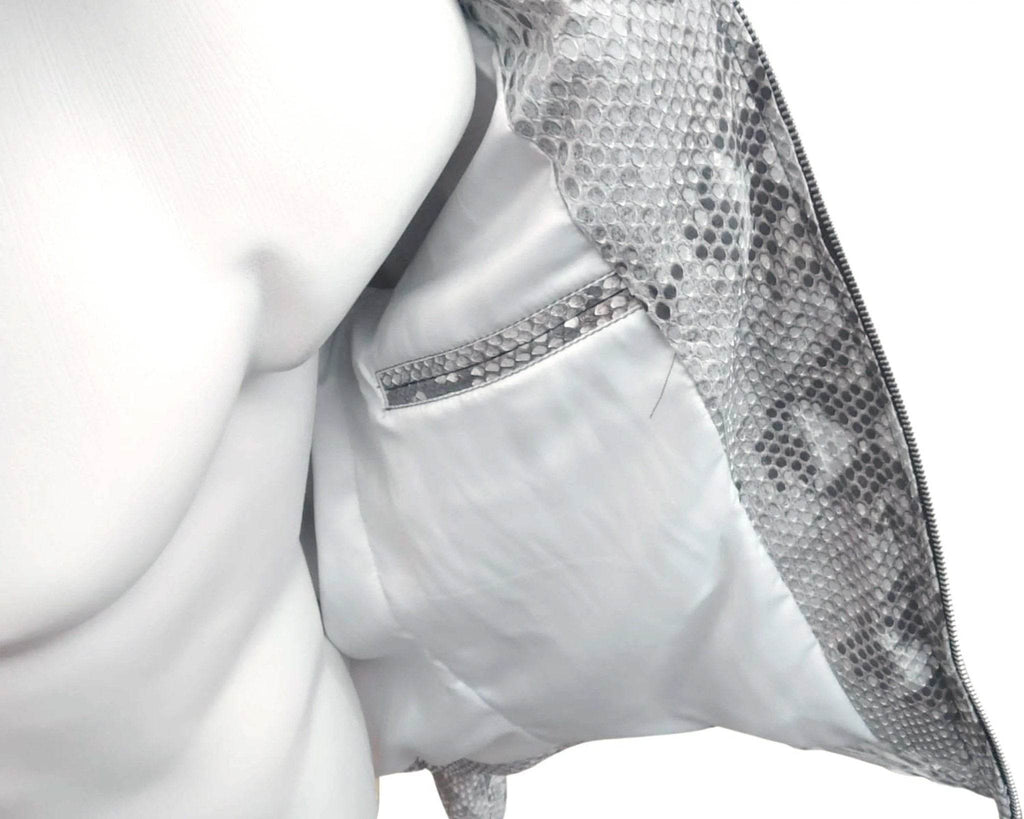 Snakeskin leather jacket interior lining with white panels and zipper area