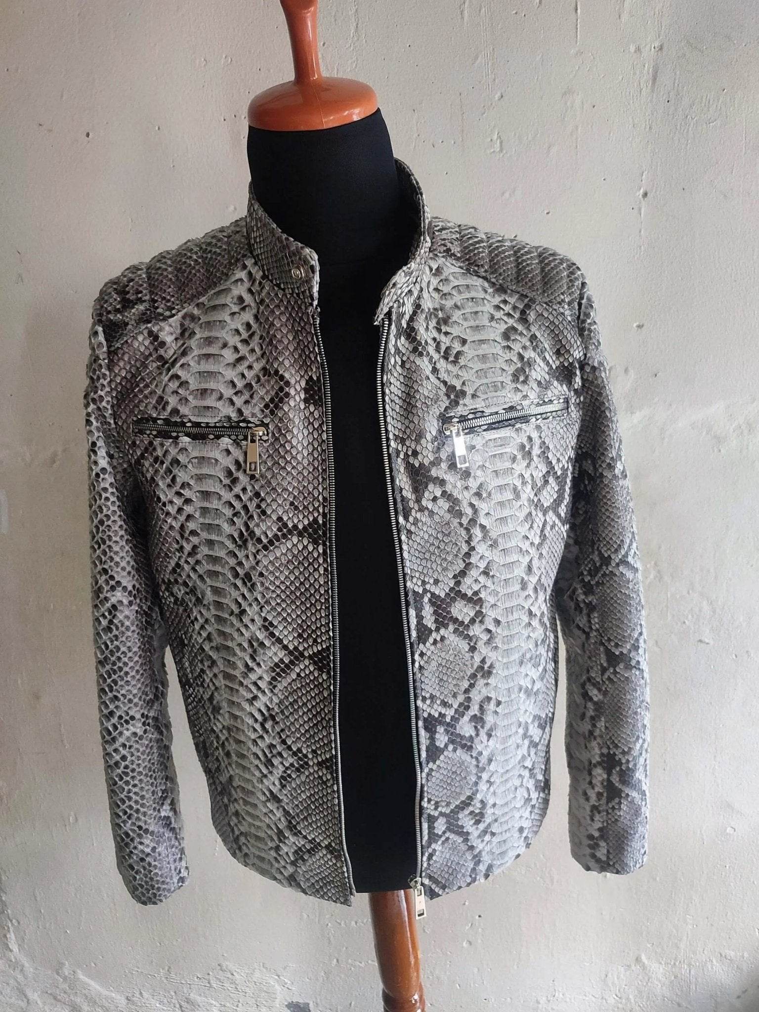 Snakeskin leather jacket, silver-gray, zip front and flap chest pockets