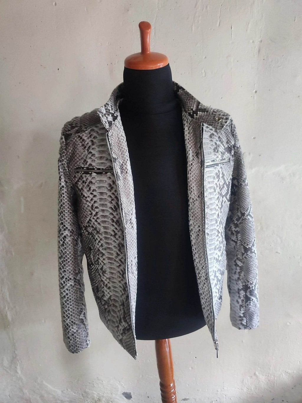 Snakeskin leather jacket back view with silver-gray patterned leather panels
