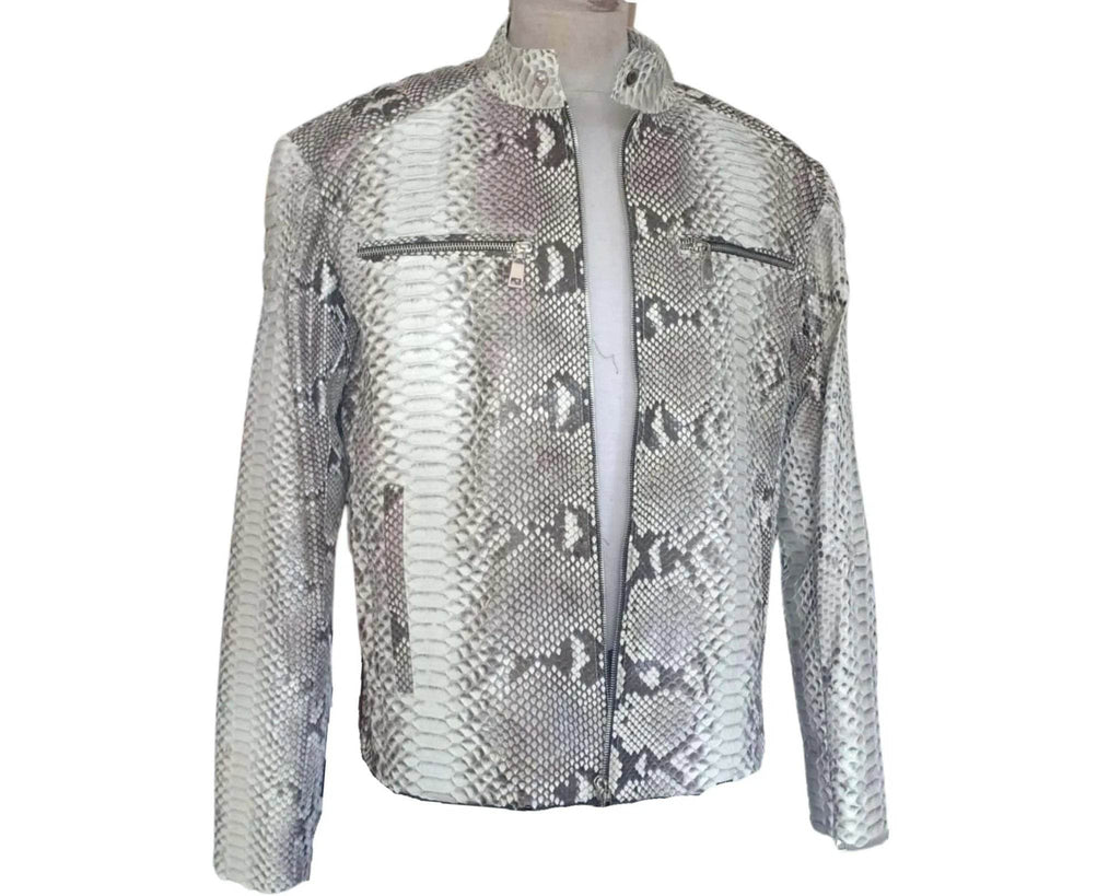 Quilted snakeskin leather jacket in silver-gray with zip front and chest flap pockets