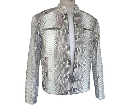 Quilted snakeskin leather jacket in silver-gray with zip front and chest flap pockets