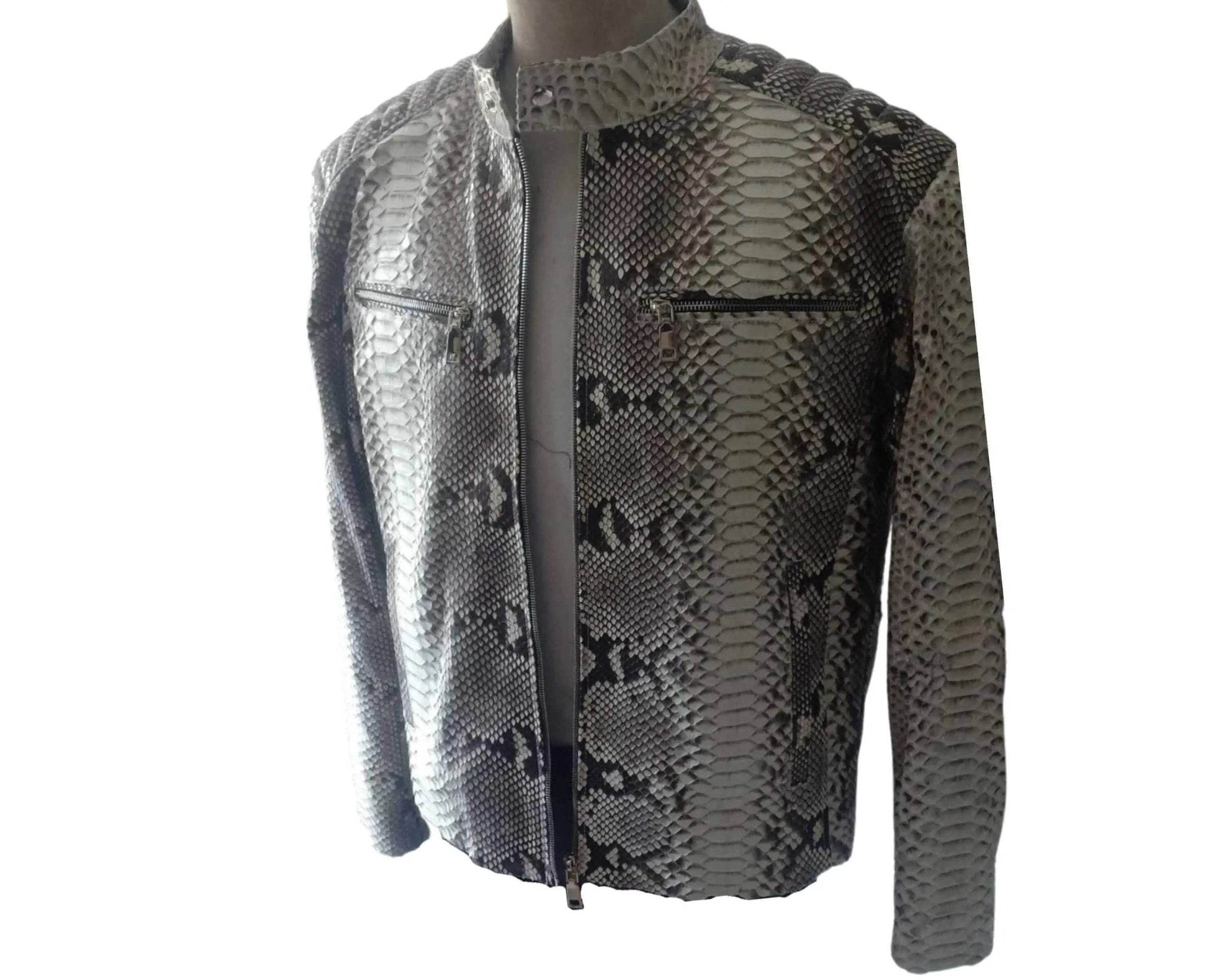 Quilted snakeskin leather jacket front, silver-gray, stand collar with center zip