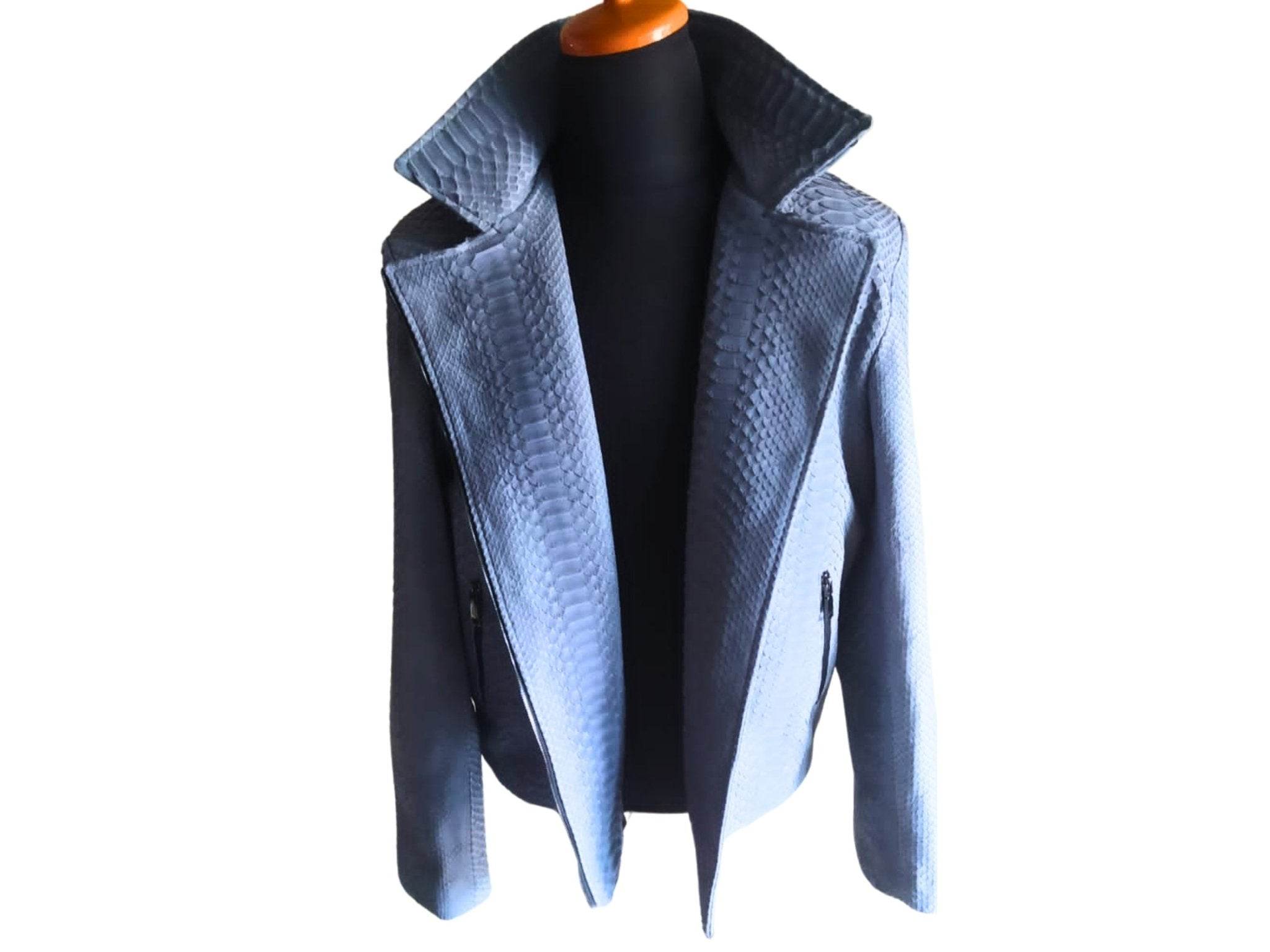 Blue snakeskin motorcycle leather jacket front view, stand collar, zip closure