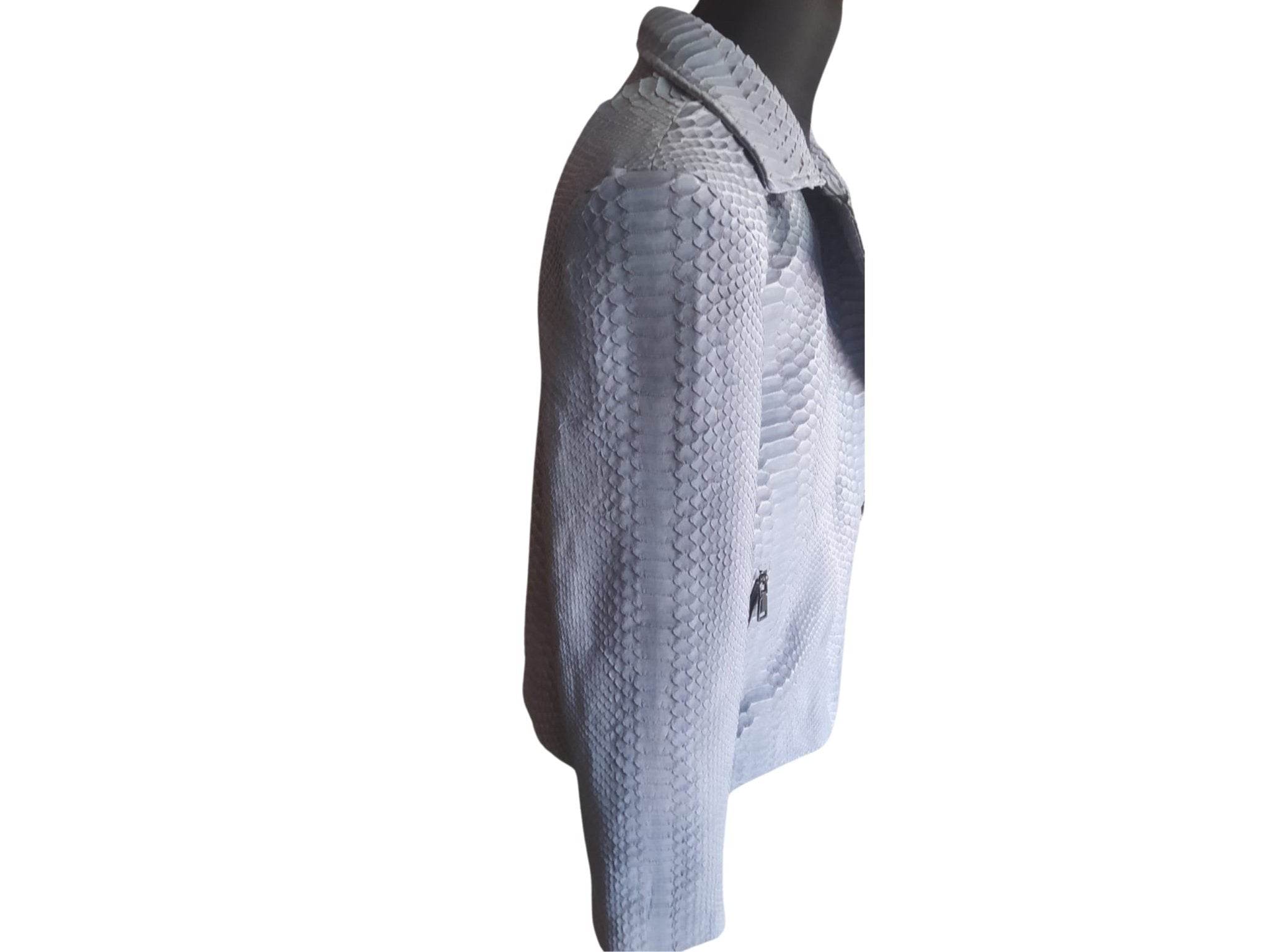 Blue snakeskin motorcycle leather jacket sleeve and back panel, side zip