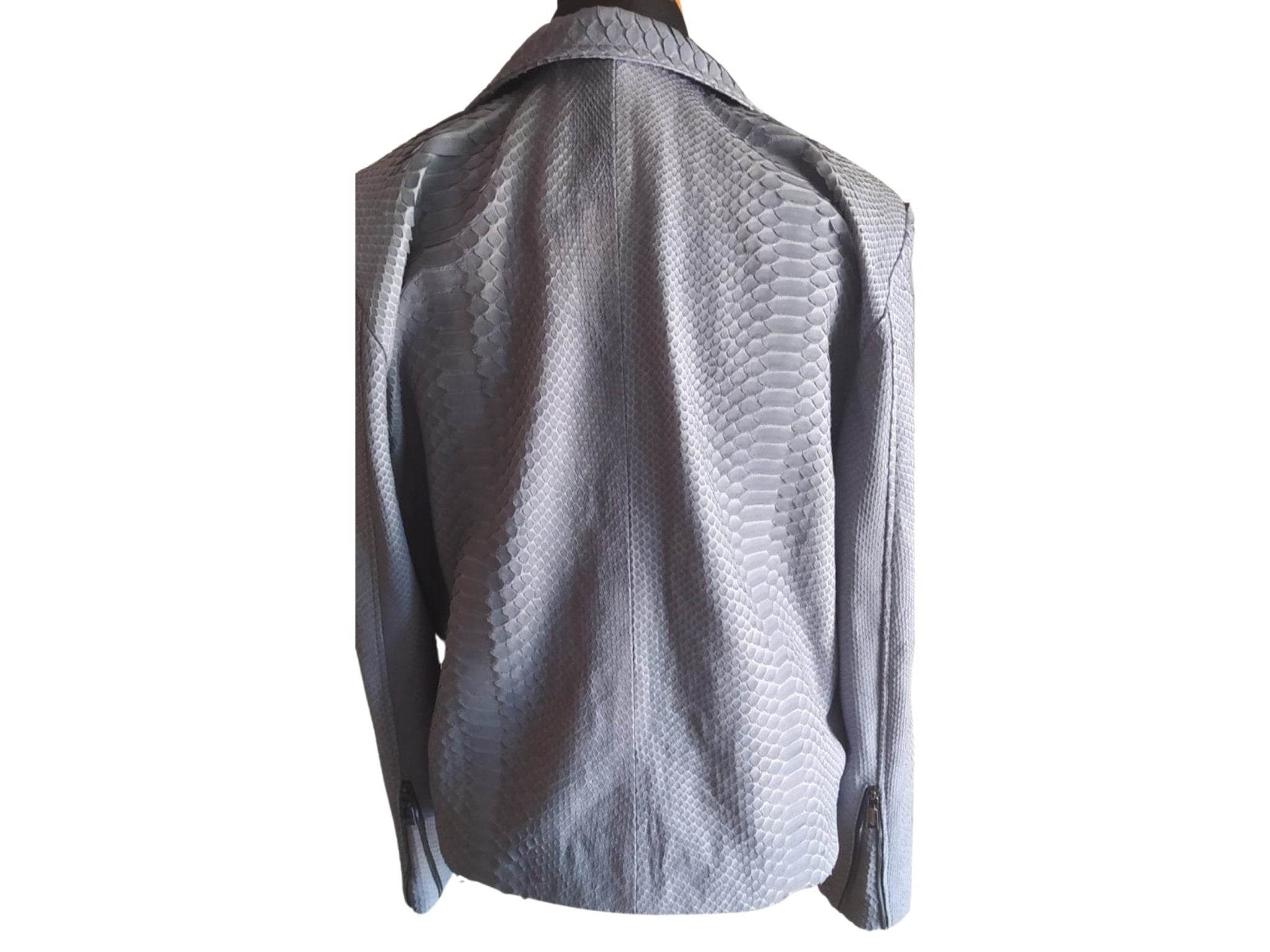 Blue snakeskin motorcycle leather jacket back view, stand collar, zip front