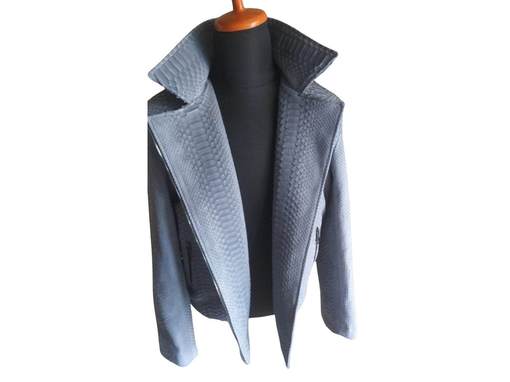 Blue snakeskin motorcycle leather jacket on mannequin, open stand collar, front zip