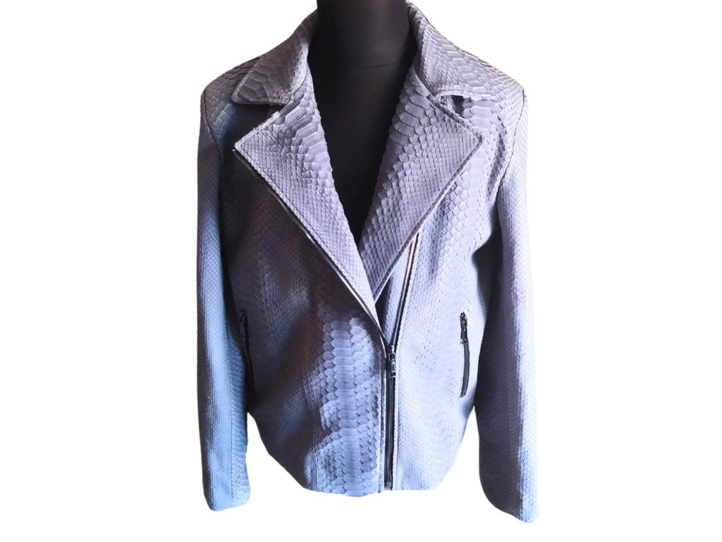 Blue snakeskin motorcycle leather jacket, stand collar, front zip, side slant pockets
