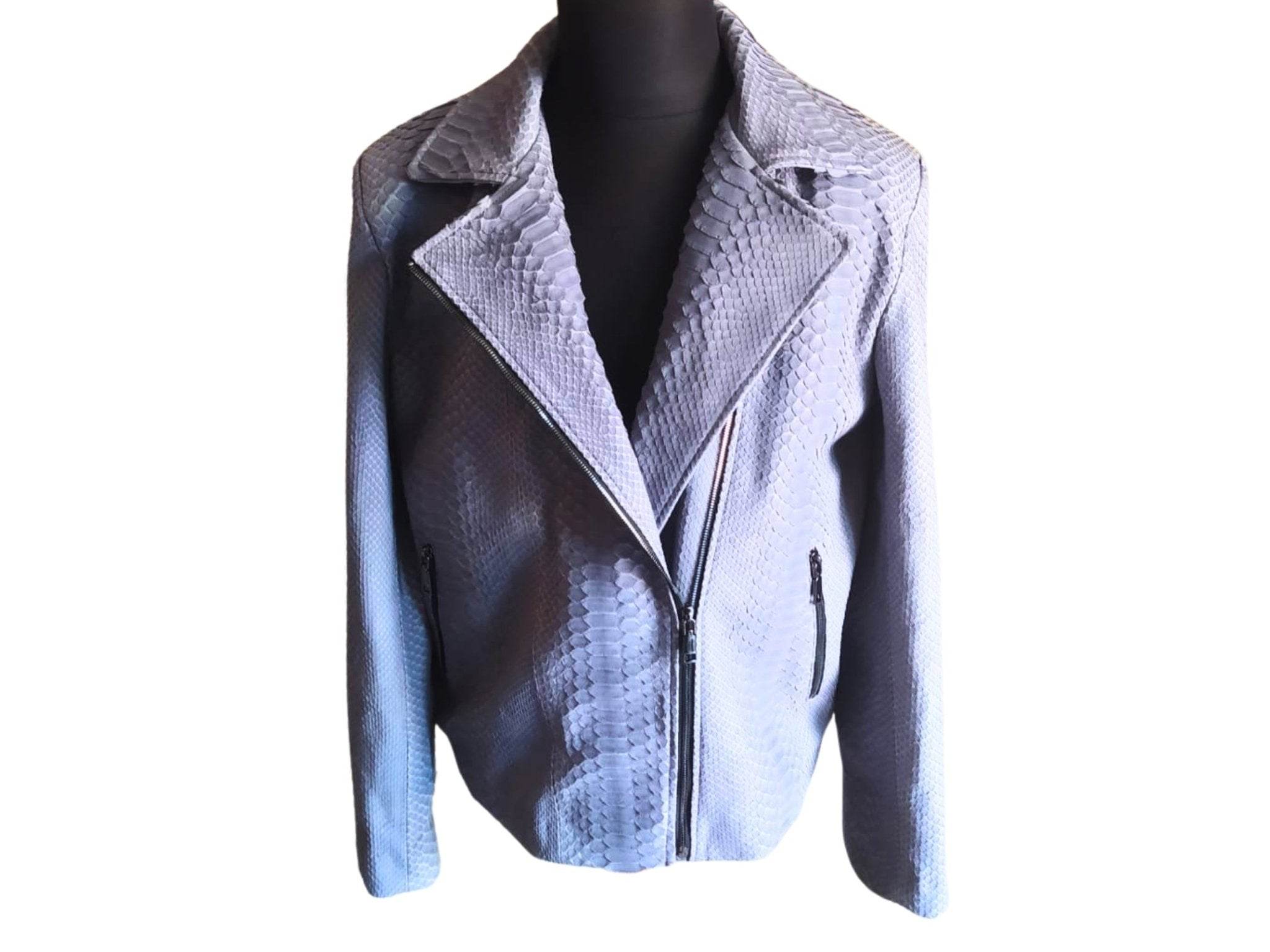 Blue snakeskin motorcycle leather jacket, stand collar, front zip, side slant pockets