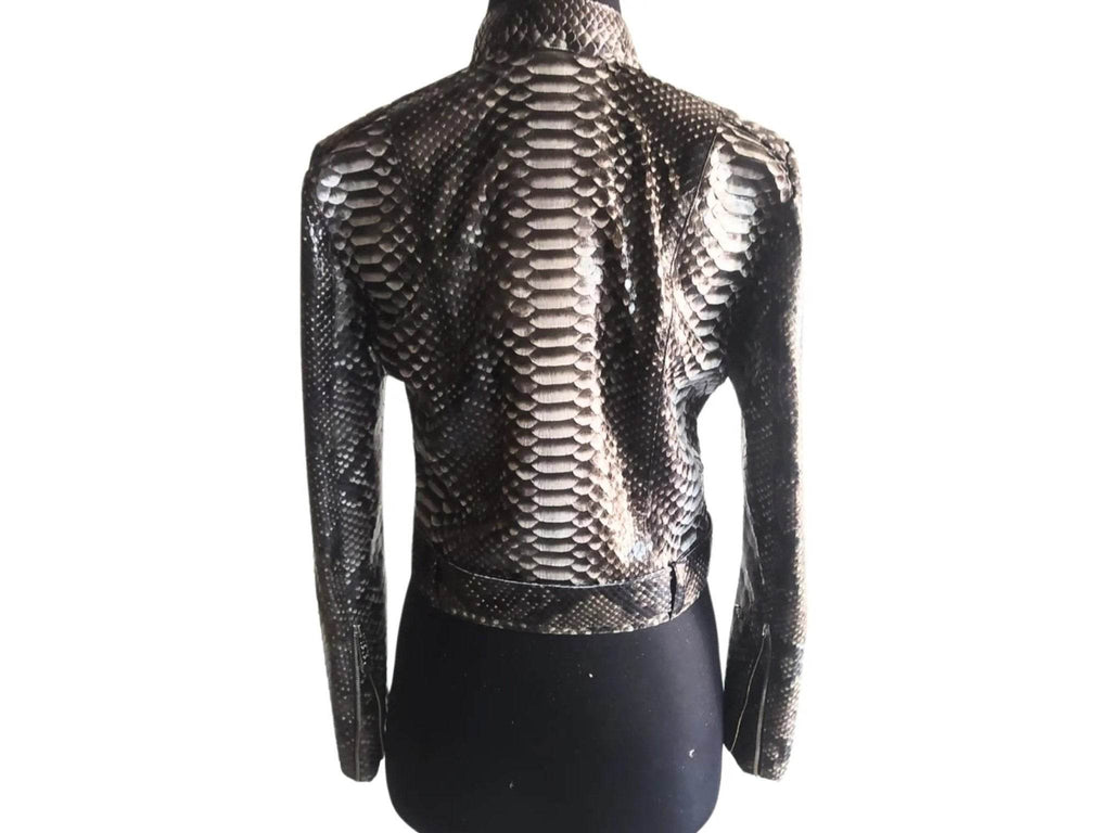 Women’s slim-fit motorcycle jacket, metallic scale-texture back view with waist belt