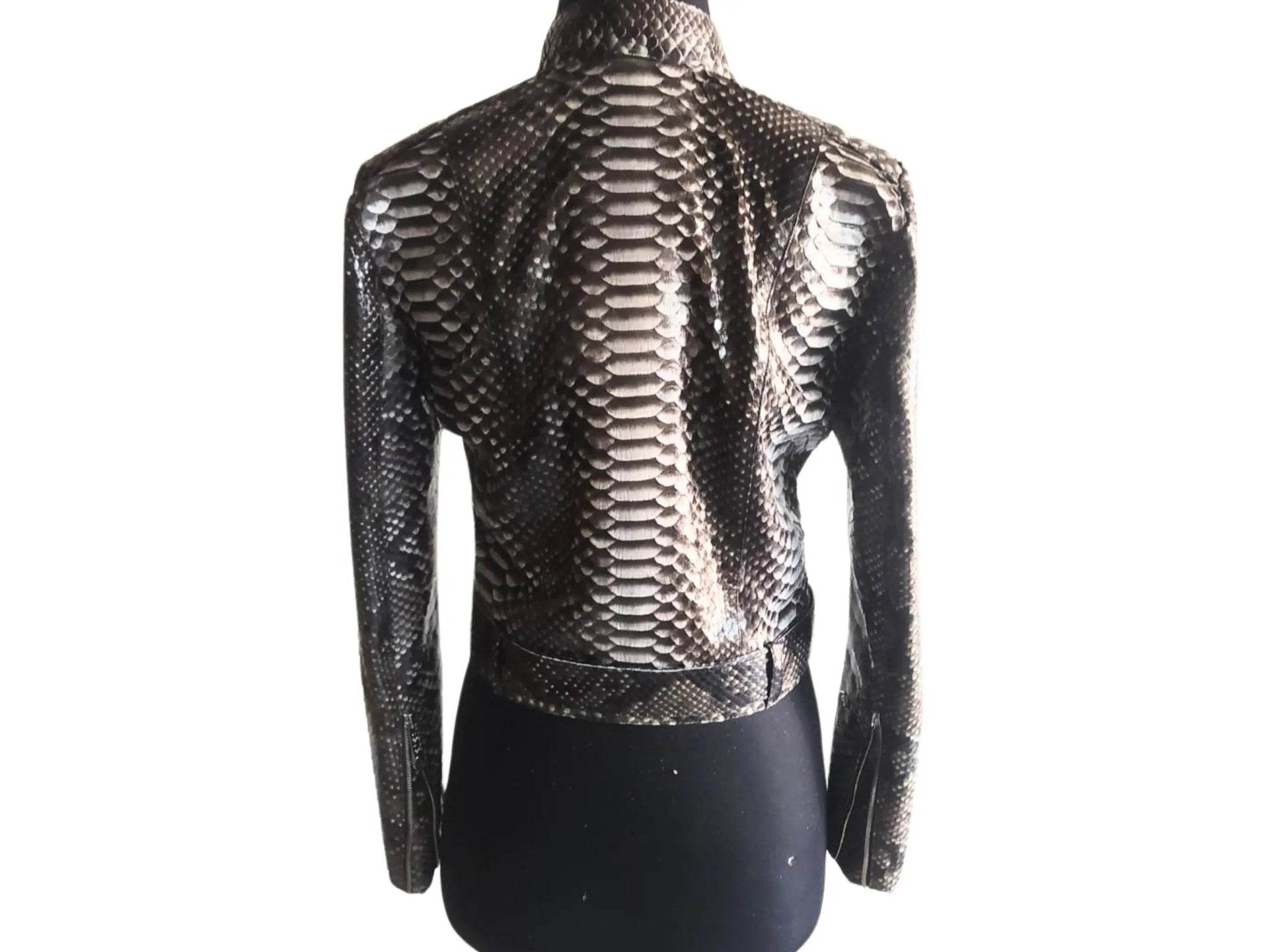 Women’s slim-fit motorcycle jacket, metallic scale-texture back view with waist belt