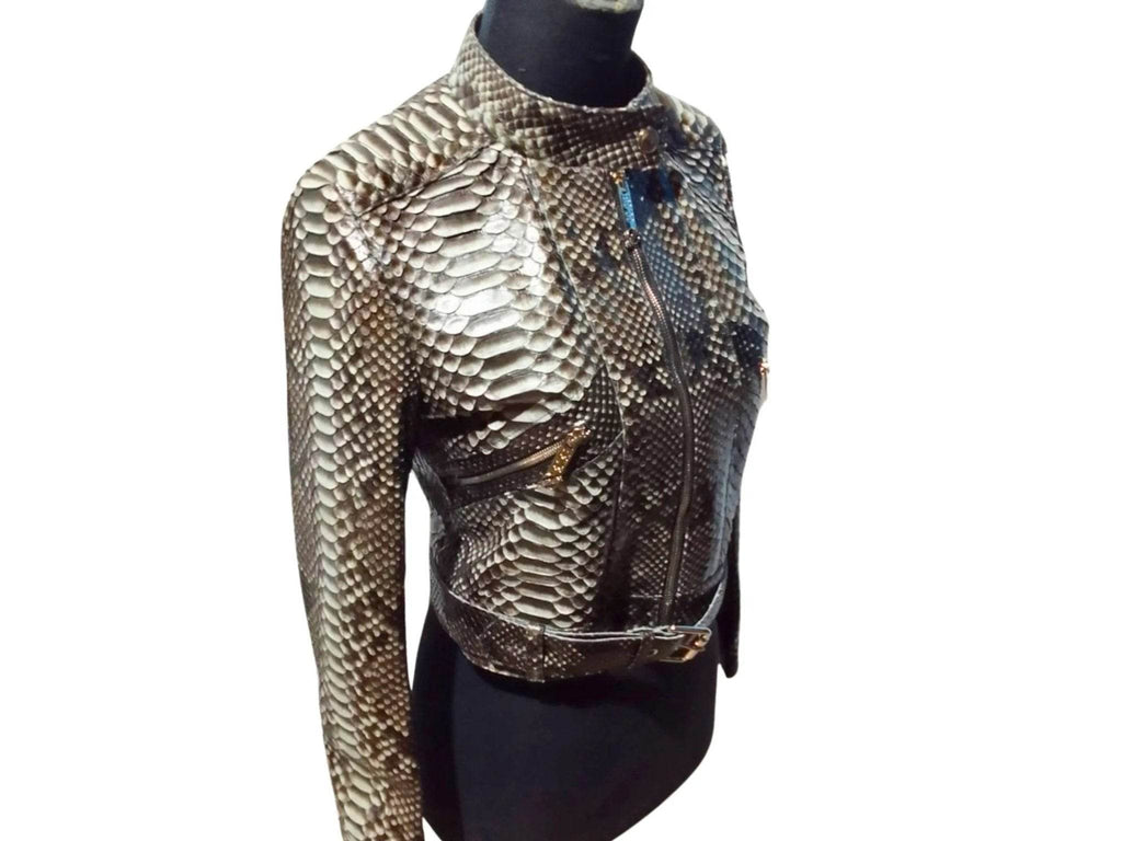 Women’s slim-fit motorcycle jacket with zip-front and waist belt, metallic scale texture