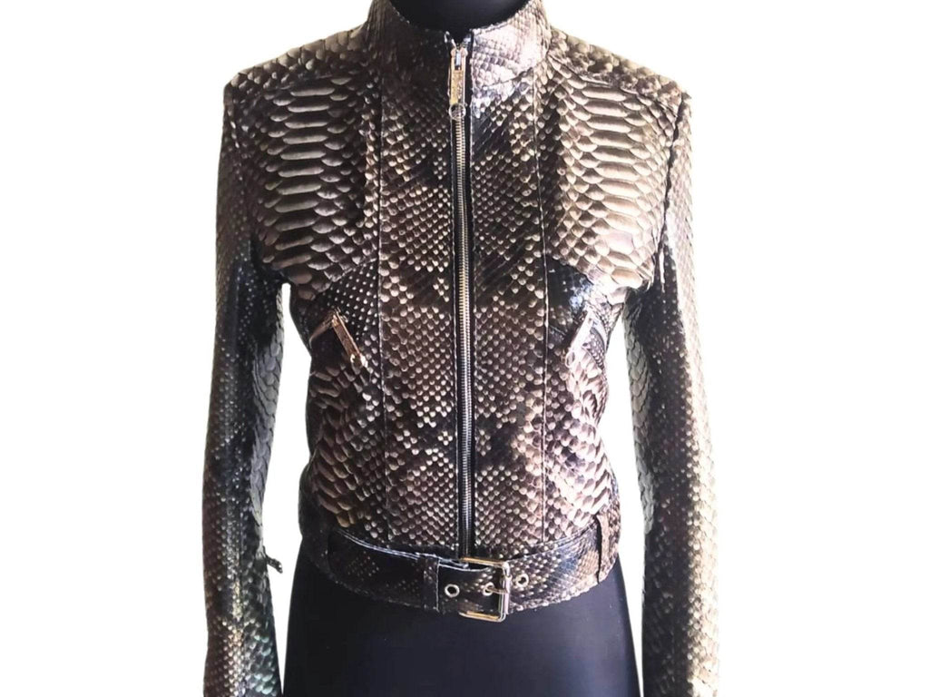 Women’s slim-fit motorcycle jacket with stand collar, zip-front, and waist belt