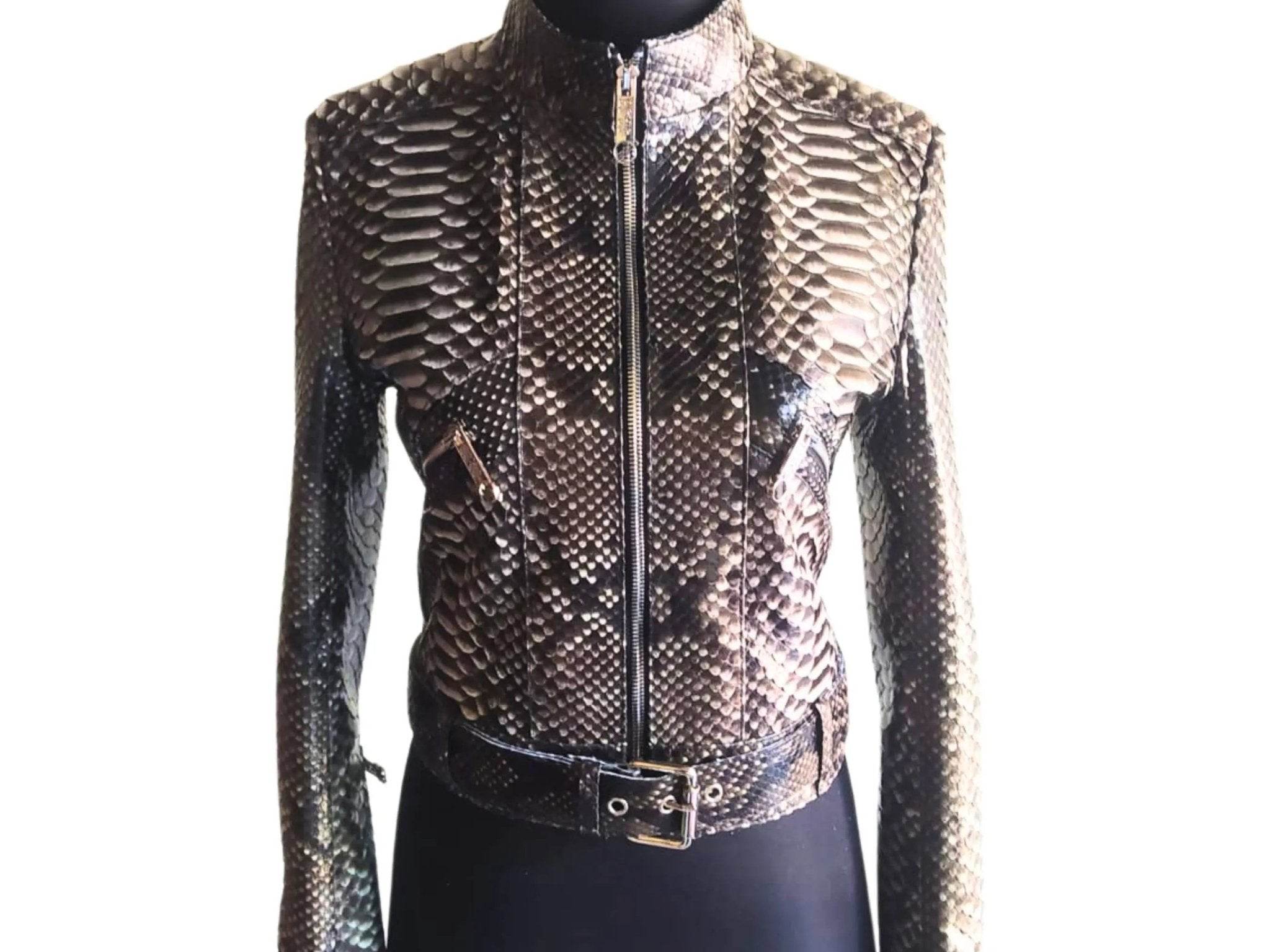 Women’s slim-fit motorcycle jacket with stand collar, zip-front, and waist belt