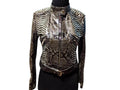 Women’s slim-fit motorcycle jacket with stand collar, zip-front, and metallic scale pattern