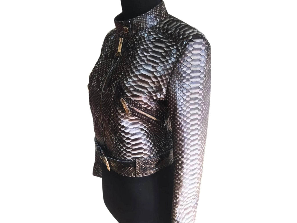 Women’s slim-fit motorcycle jacket with metallic scale texture and zip-front closure