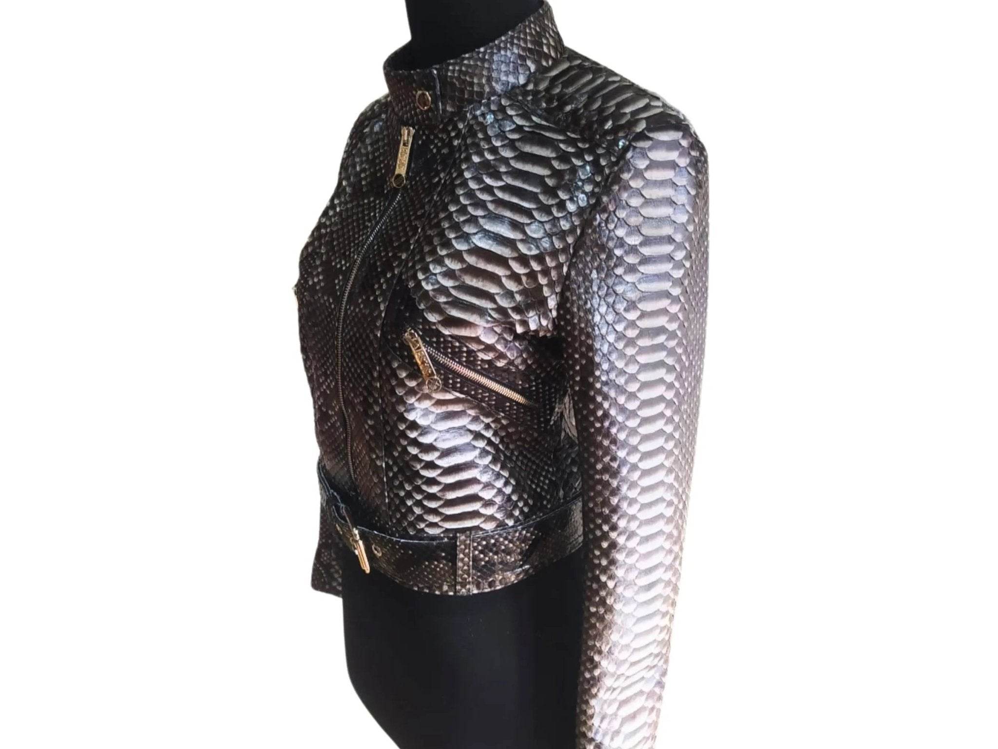 Women’s slim-fit motorcycle jacket with metallic scale texture and zip-front closure