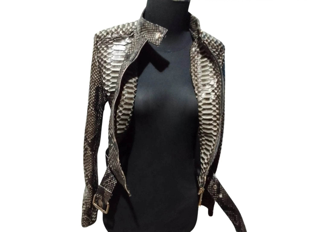 Women’s slim-fit motorcycle jacket with stand collar and zip-front, metallic scale detail