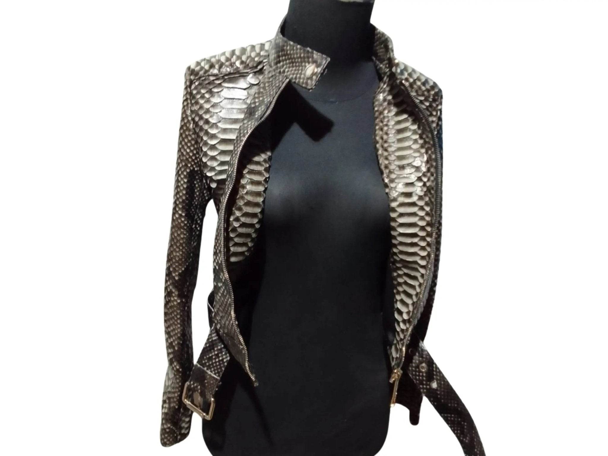 Women’s slim-fit motorcycle jacket with stand collar and zip-front, metallic scale detail