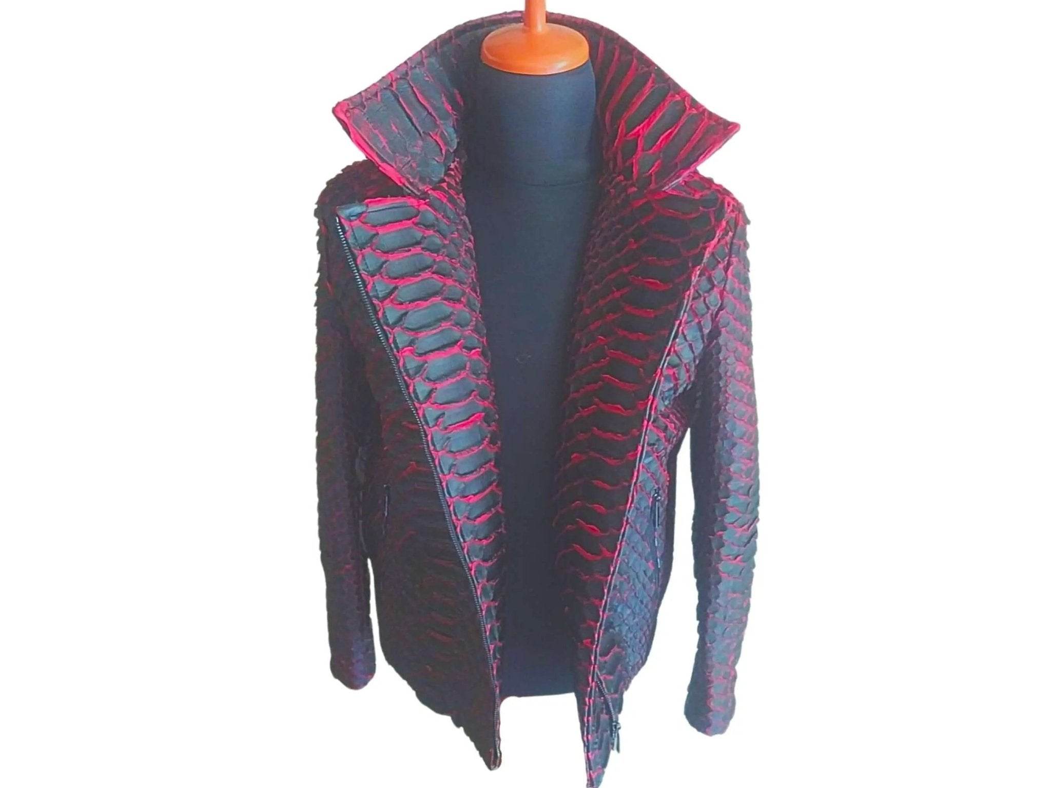 Snakeskin biker leather jacket with pointed collar, zip front, long sleeves, dark finish