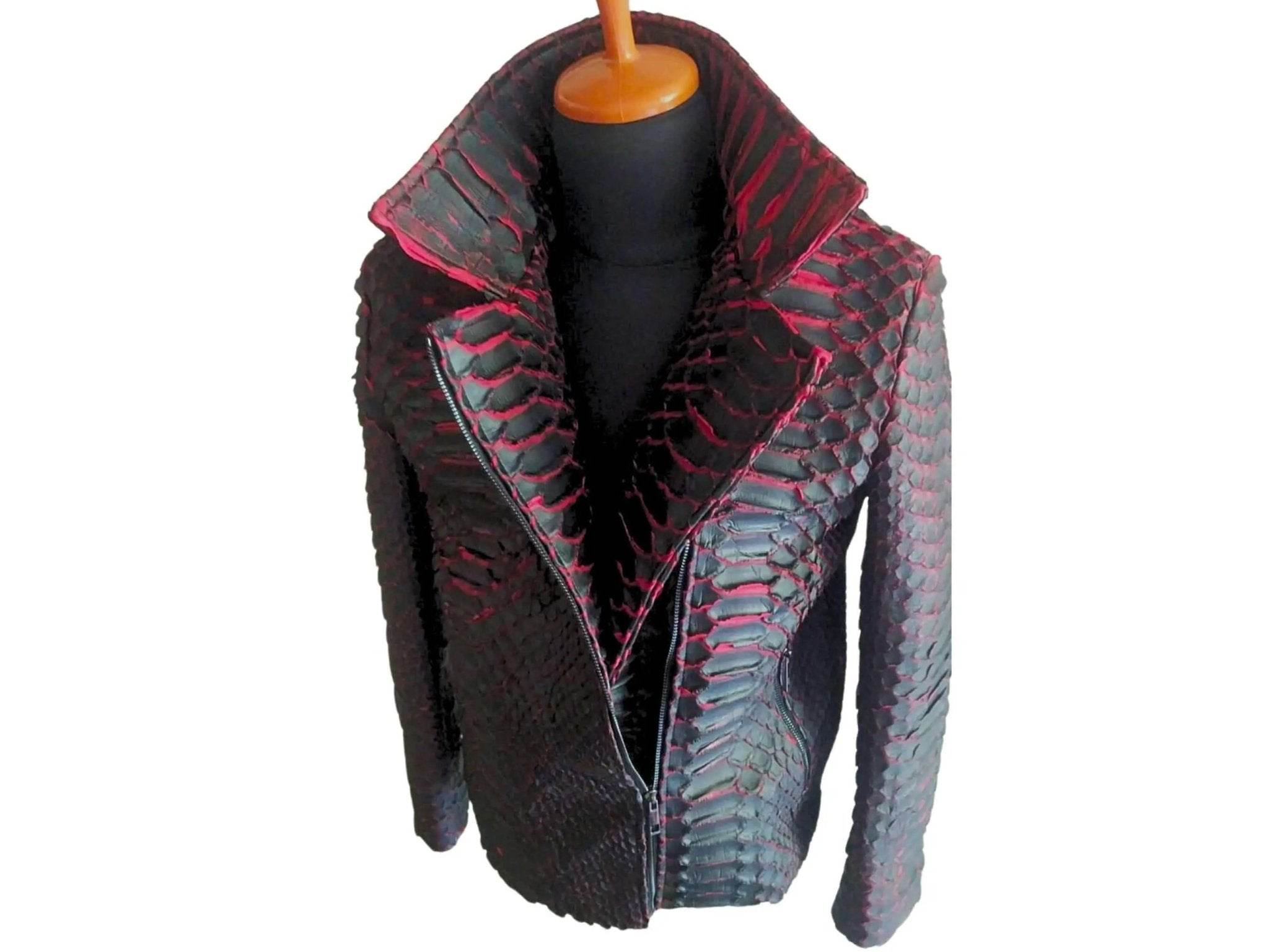 Snakeskin biker leather jacket, hooded style, zip front, long sleeves, dark finish