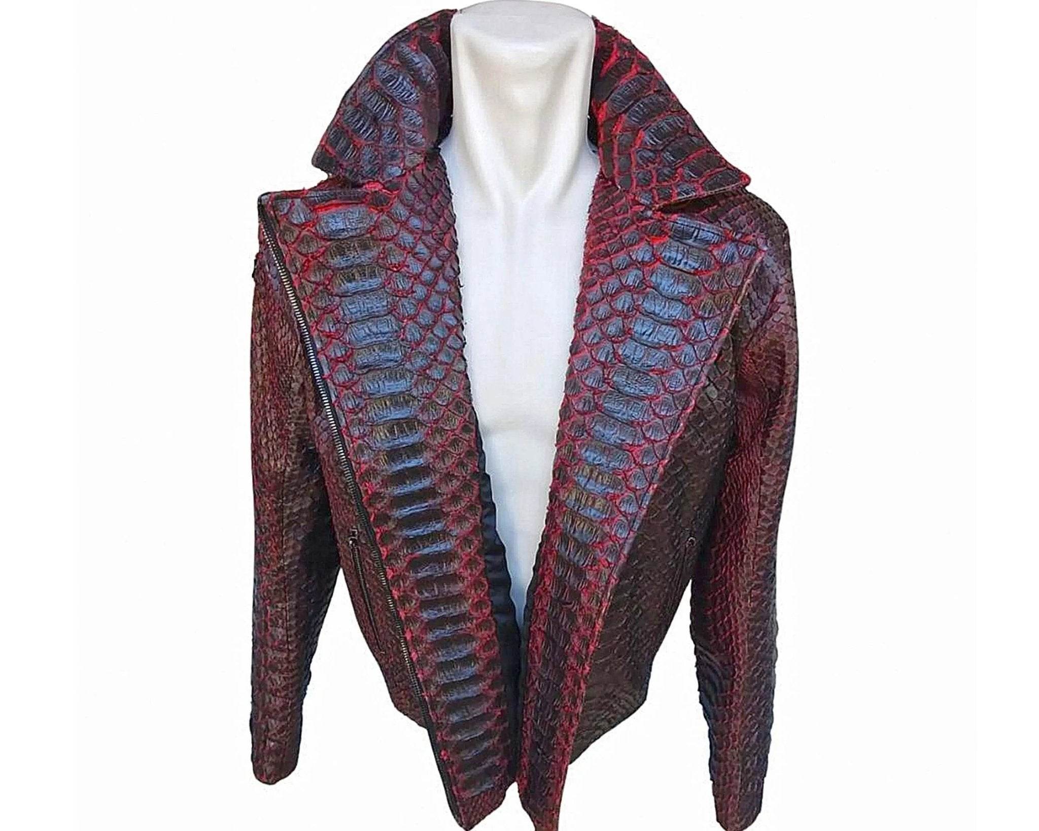 Snakeskin biker leather jacket with hooded lapels, zip front, long sleeves, dark finish
