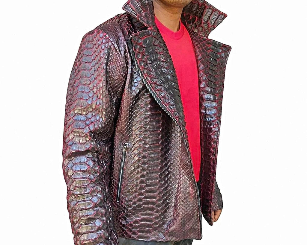 Snakeskin biker leather jacket on model, zip front and stand collar