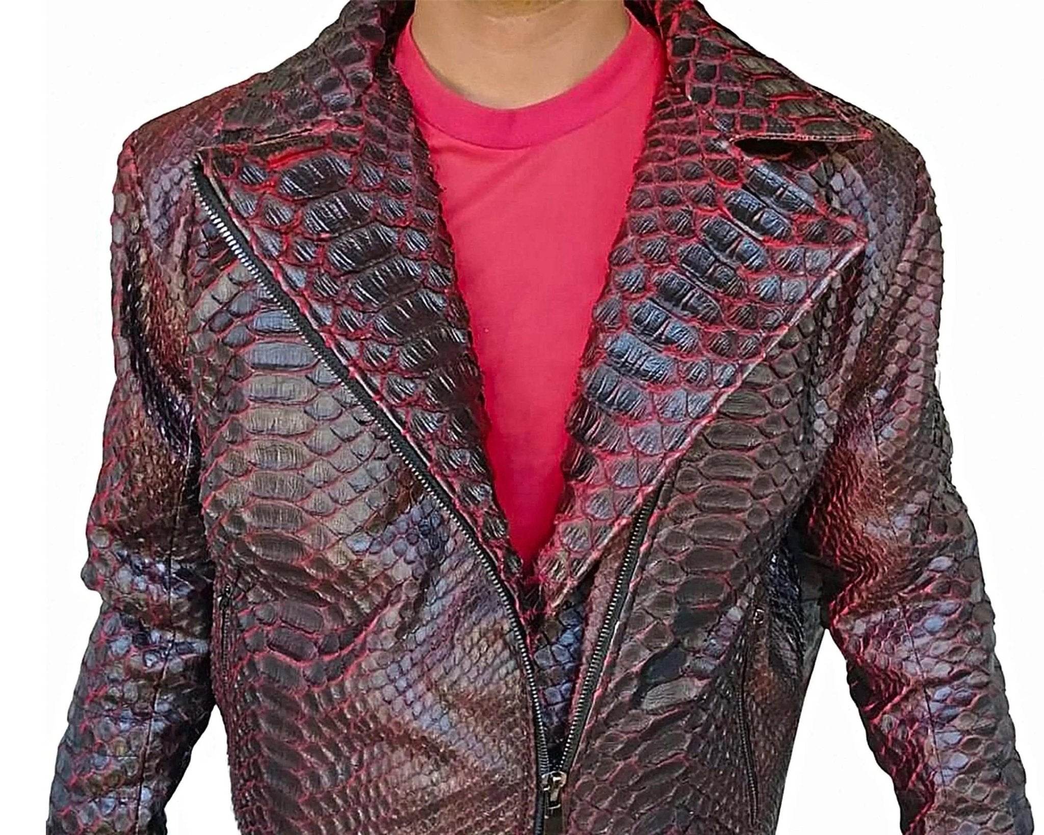 Snakeskin biker leather jacket close-up with zip front and hooded lapels
