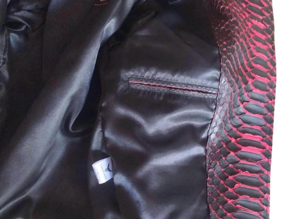 Snakeskin biker leather jacket interior pocket and black leather panel detail