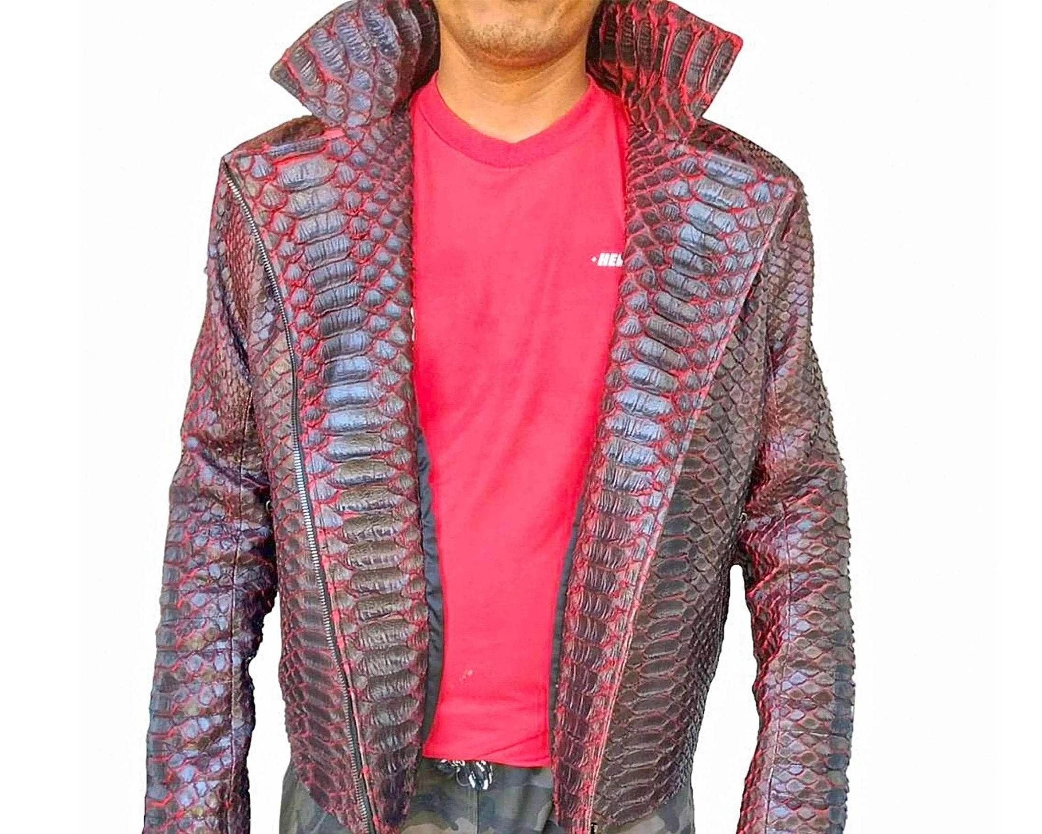Snakeskin biker leather jacket on model with open zip front and hooded collar
