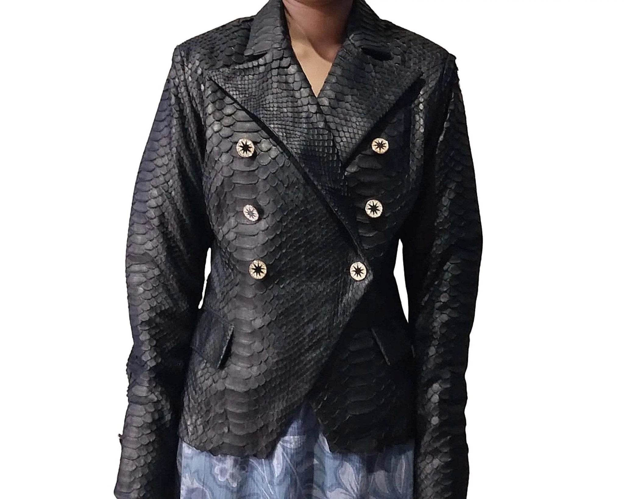 Snakeskin-look double-breasted blazer with gold buttons and structured lapels.