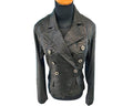 Snakeskin-look double-breasted blazer with gold buttons and peaked lapels.