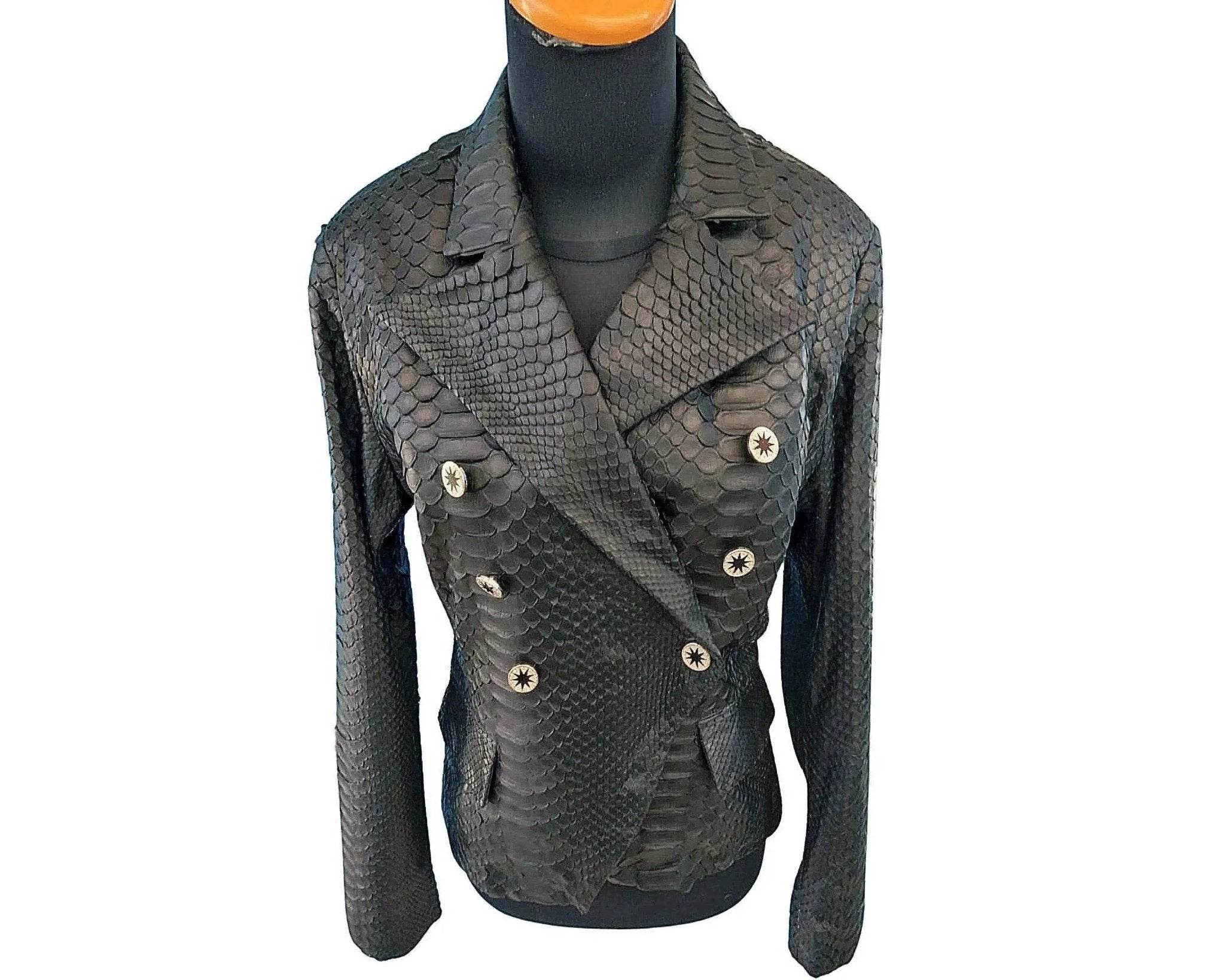 Snakeskin-look double-breasted blazer with gold buttons and peaked lapels.
