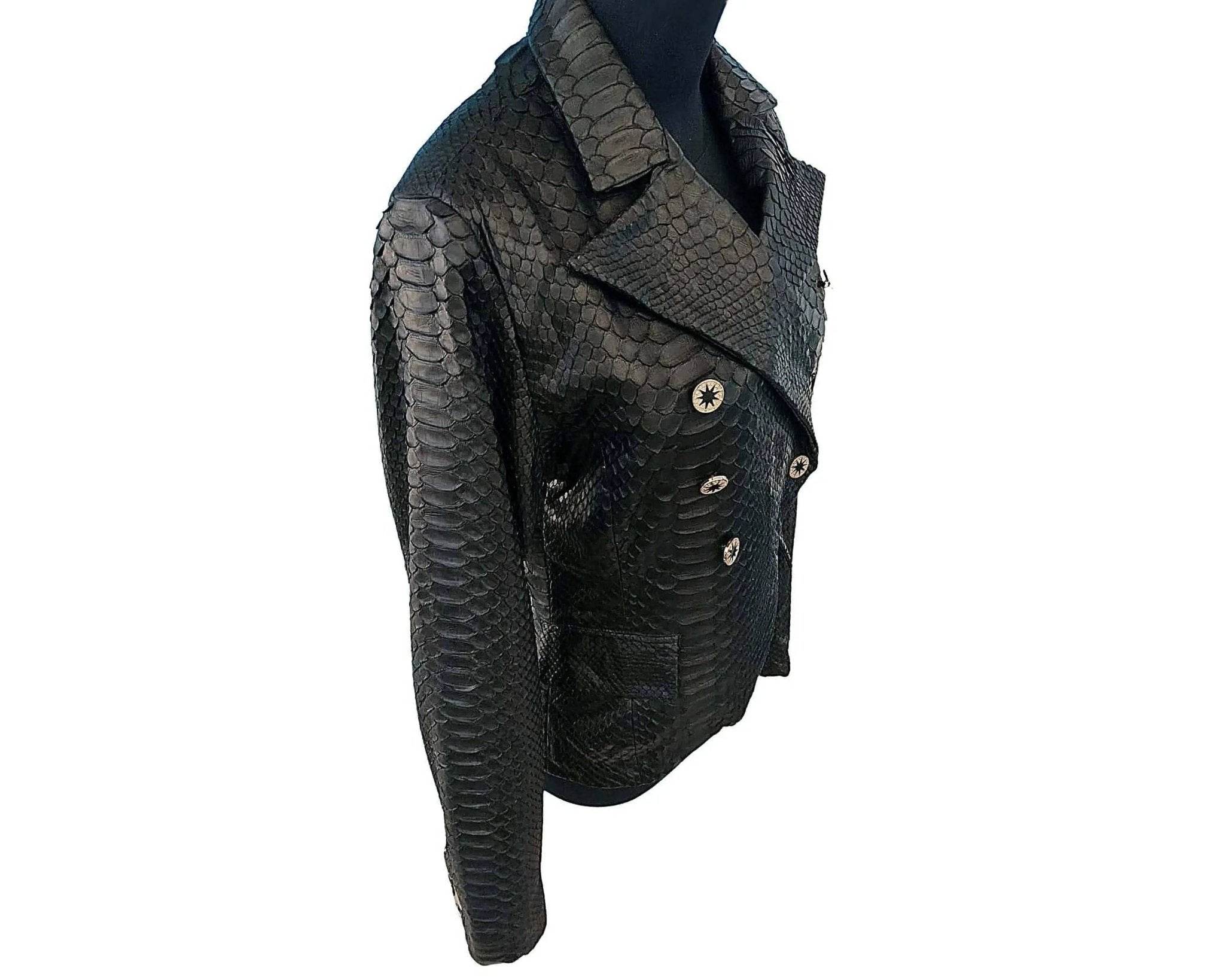 Snakeskin-look double-breasted blazer with gold buttons and textured scale fabric.
