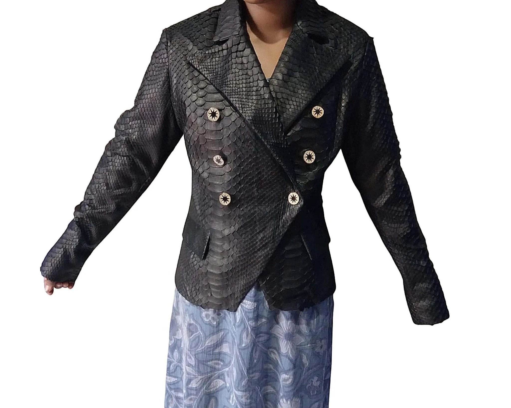 Snakeskin-look double-breasted blazer with long sleeves and gold button front.