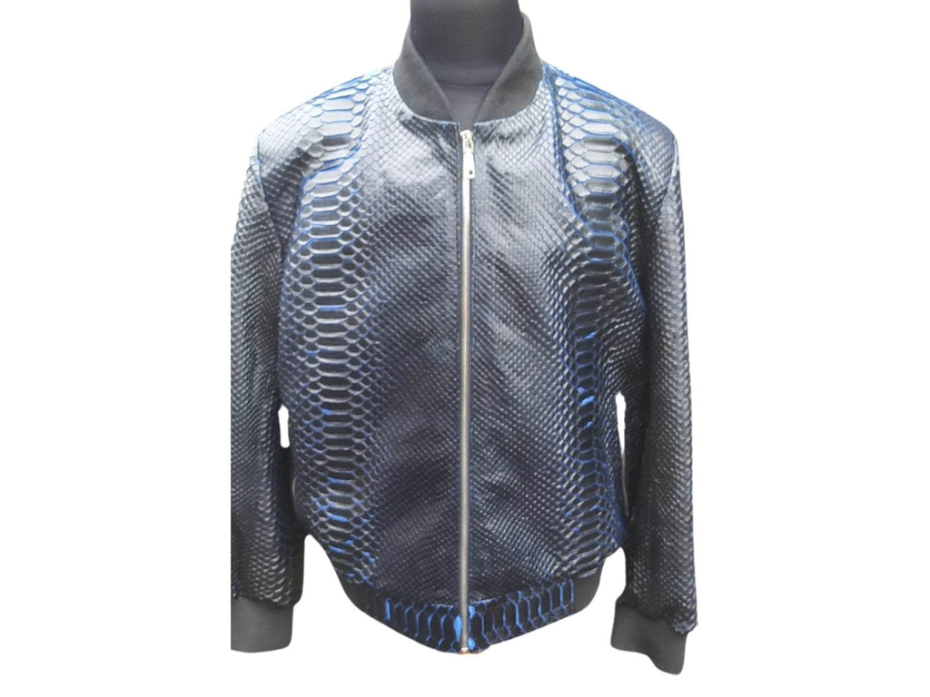 Snakeskin bomber jacket in silver-blue with front zip, stand collar, and ribbed cuffs