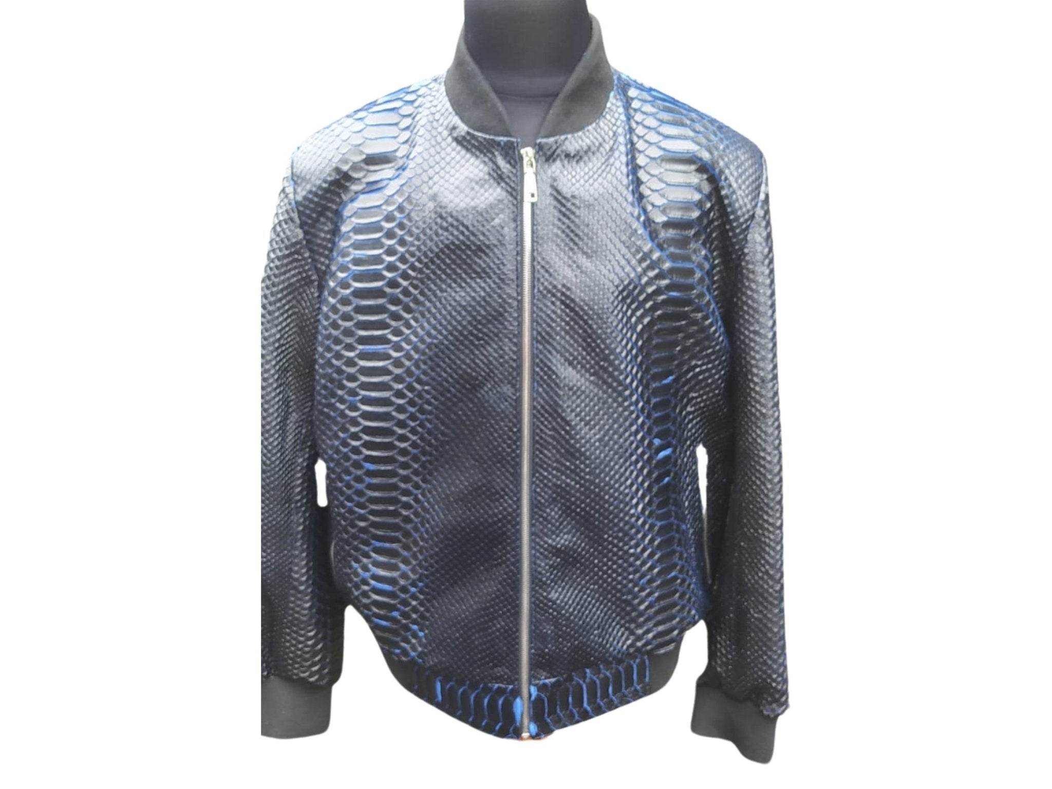Snakeskin bomber jacket in silver-blue with front zip, stand collar, and ribbed cuffs