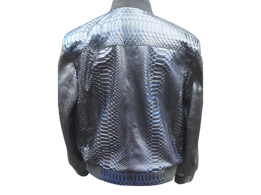 Snakeskin bomber jacket back view in silver-blue with ribbed collar and hem