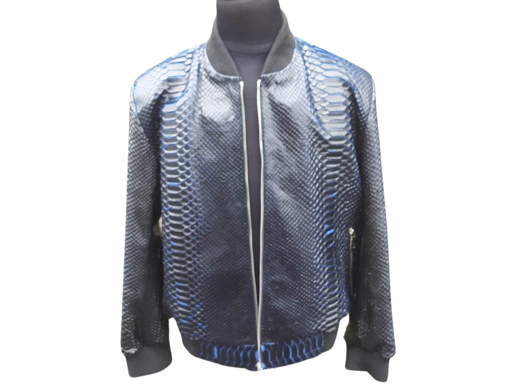 Snakeskin bomber jacket front view in silver-blue with center zip and ribbed trim