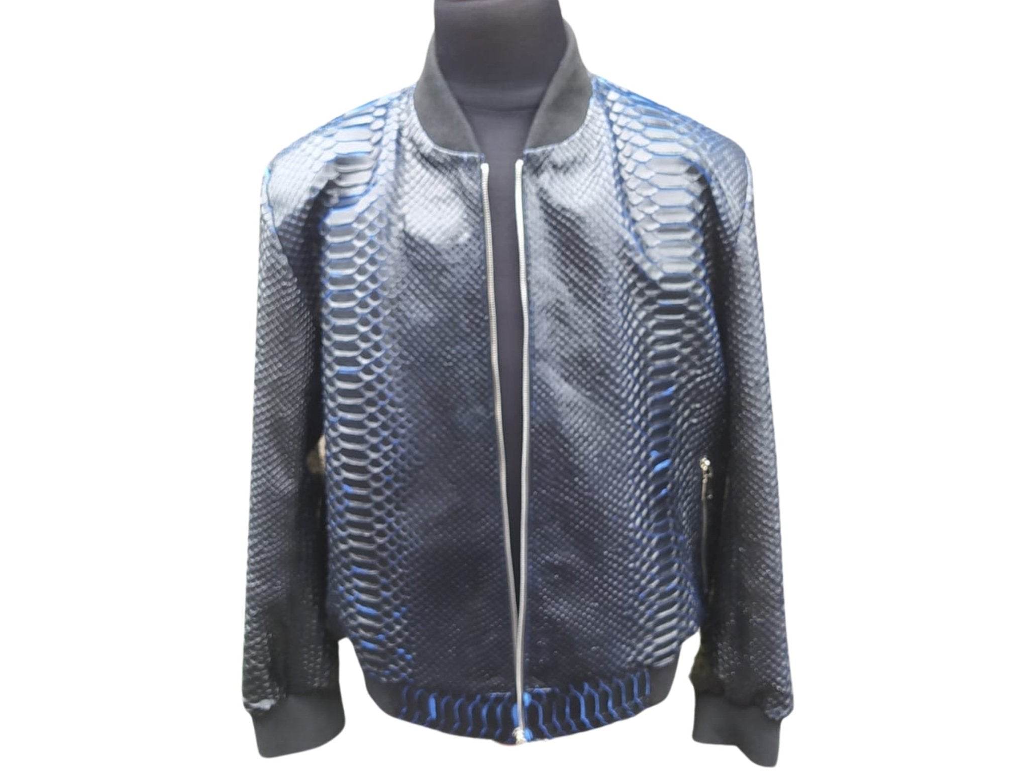 Snakeskin bomber jacket front view in silver-blue with center zip and ribbed trim
