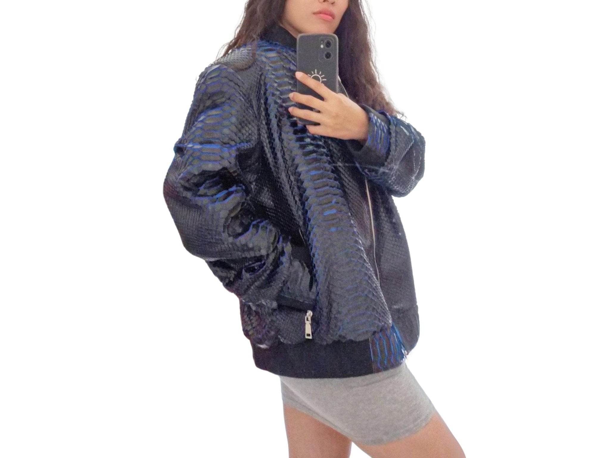 Snakeskin bomber jacket in dark blue with front zip, ribbed cuffs, and stand collar