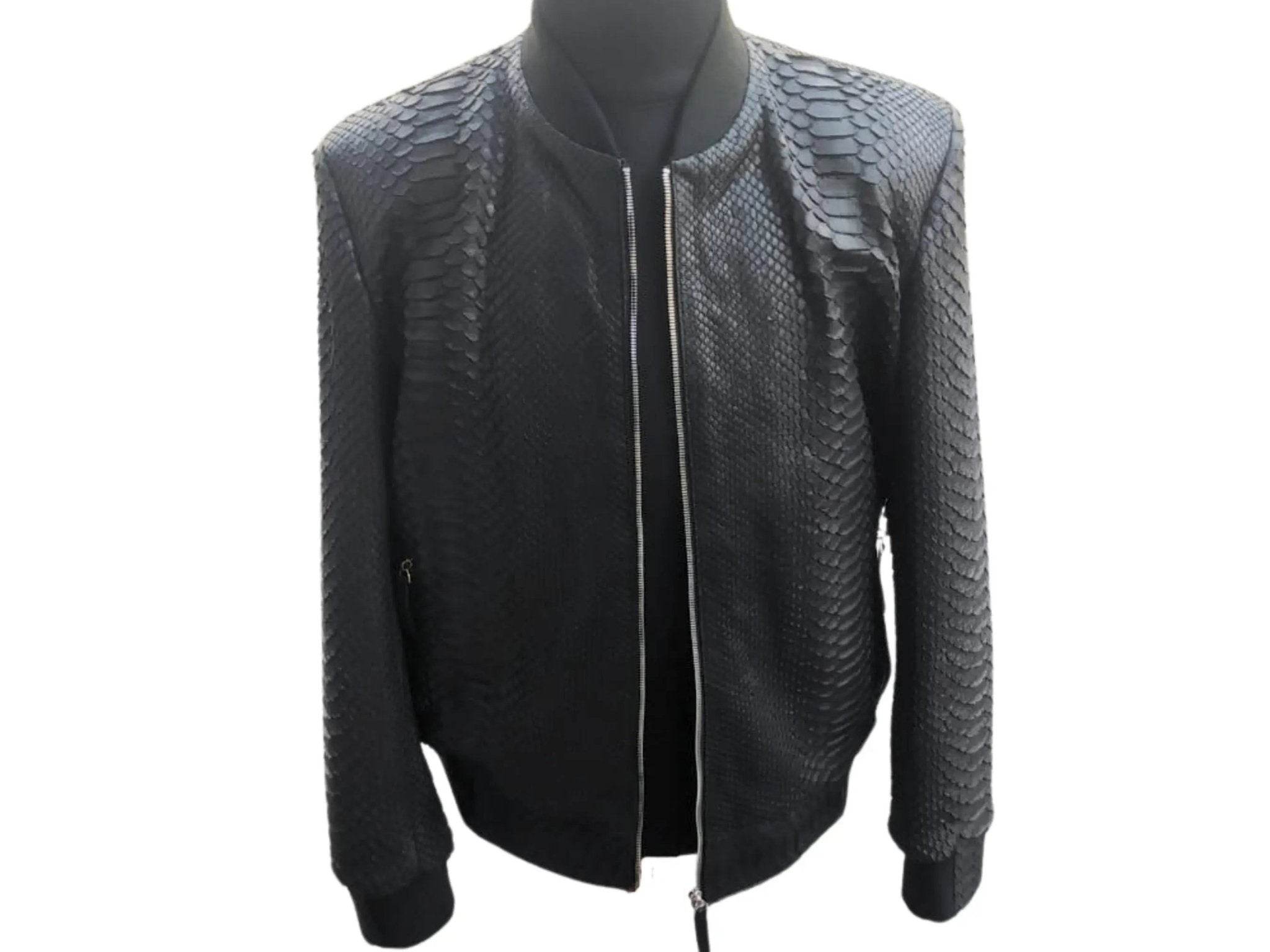 Black snakeskin bomber leather jacket with front zipper and ribbed cuffs
