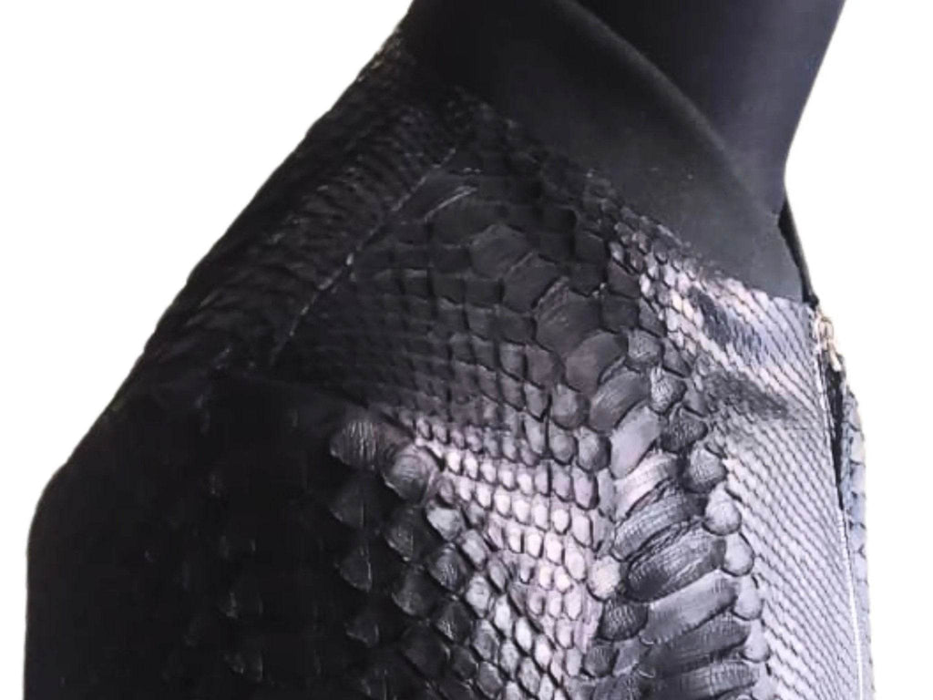 Black and gray snakeskin leather jacket shoulder and sleeve texture detail