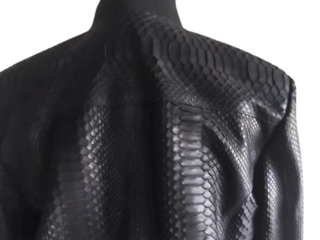 Back of snakeskin leather bomber jacket with ribbed collar