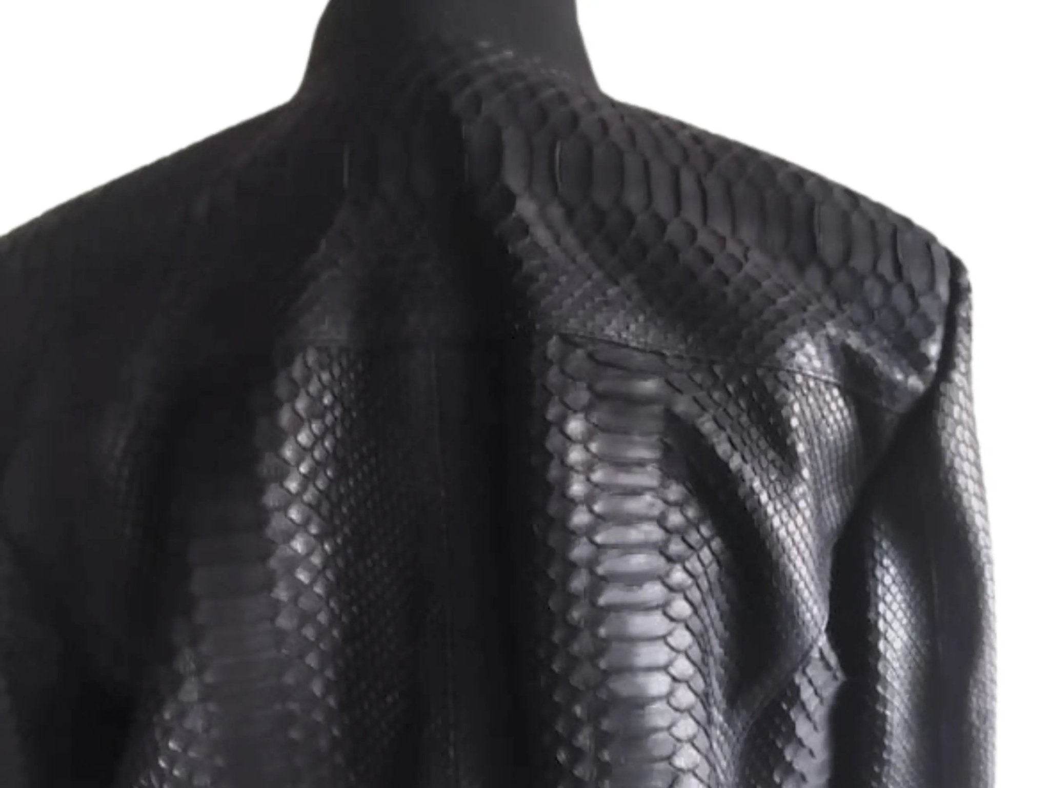 Back of snakeskin leather bomber jacket with ribbed collar