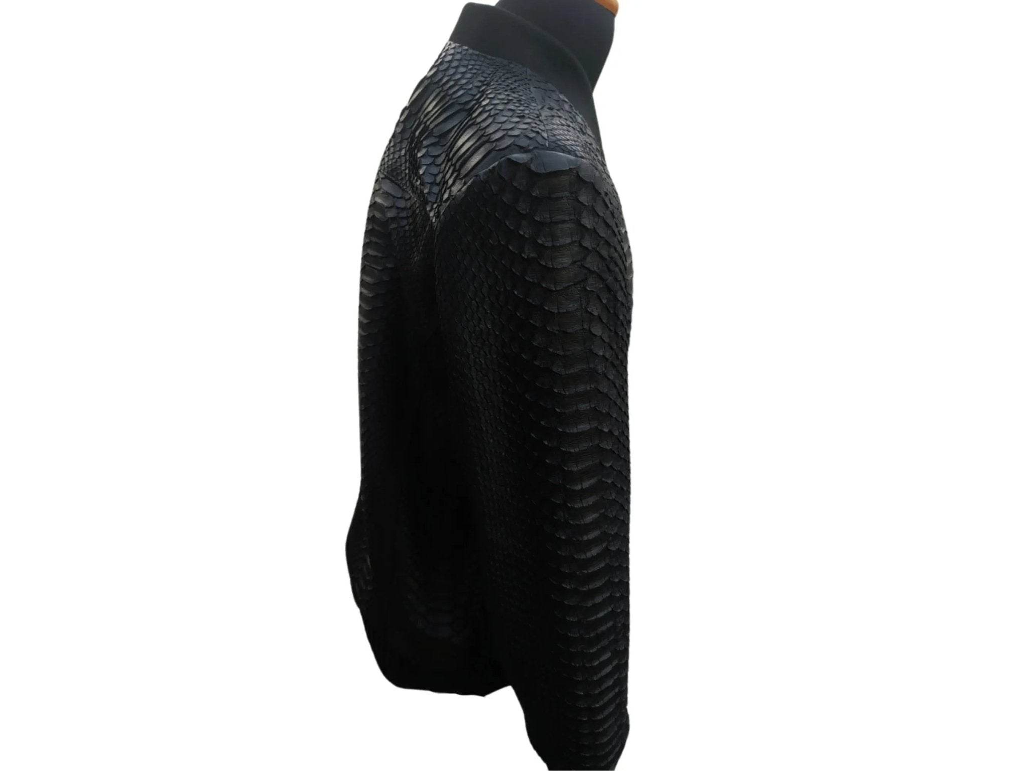 Black snakeskin bomber leather jacket side view with zipper closure