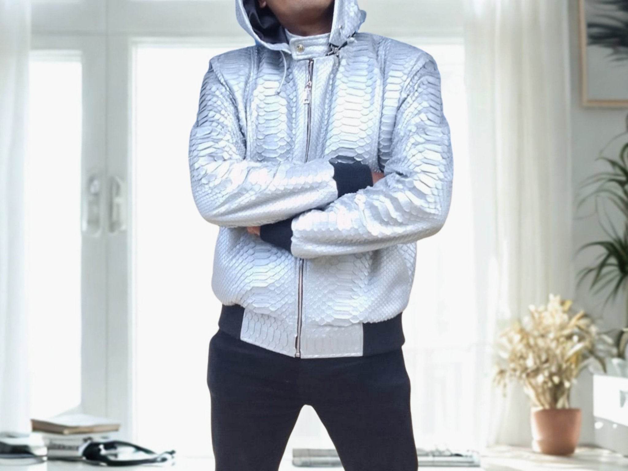 Light blue snakeskin-pattern zip-up hoodie jacket with hood, front zipper, ribbed hem.