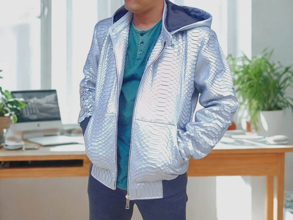 Snakeskin-pattern zip varsity jacket with hood, high collar, front zipper
