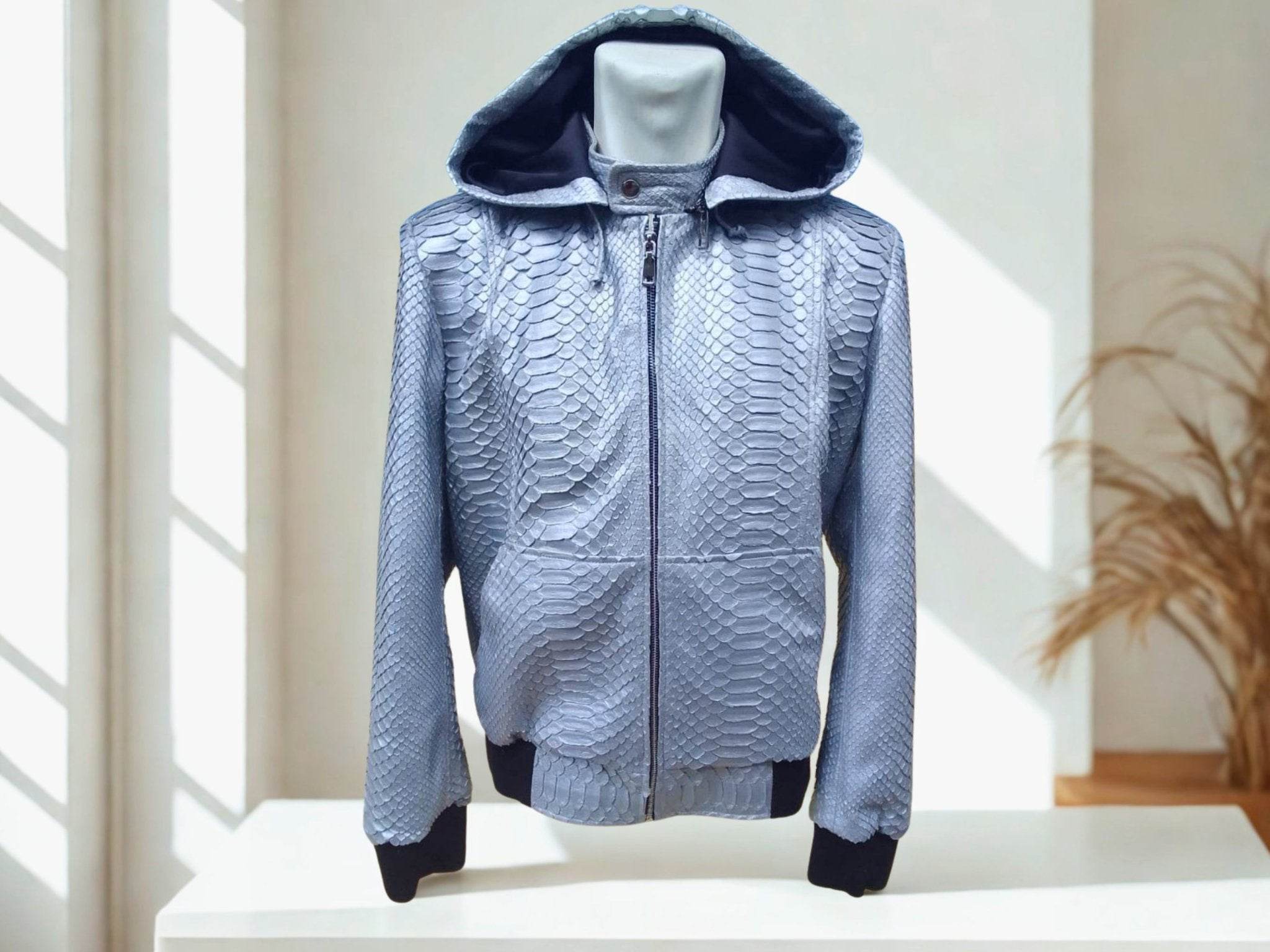 Light blue snakeskin-pattern zip-up hoodie jacket with dark ribbed trim.