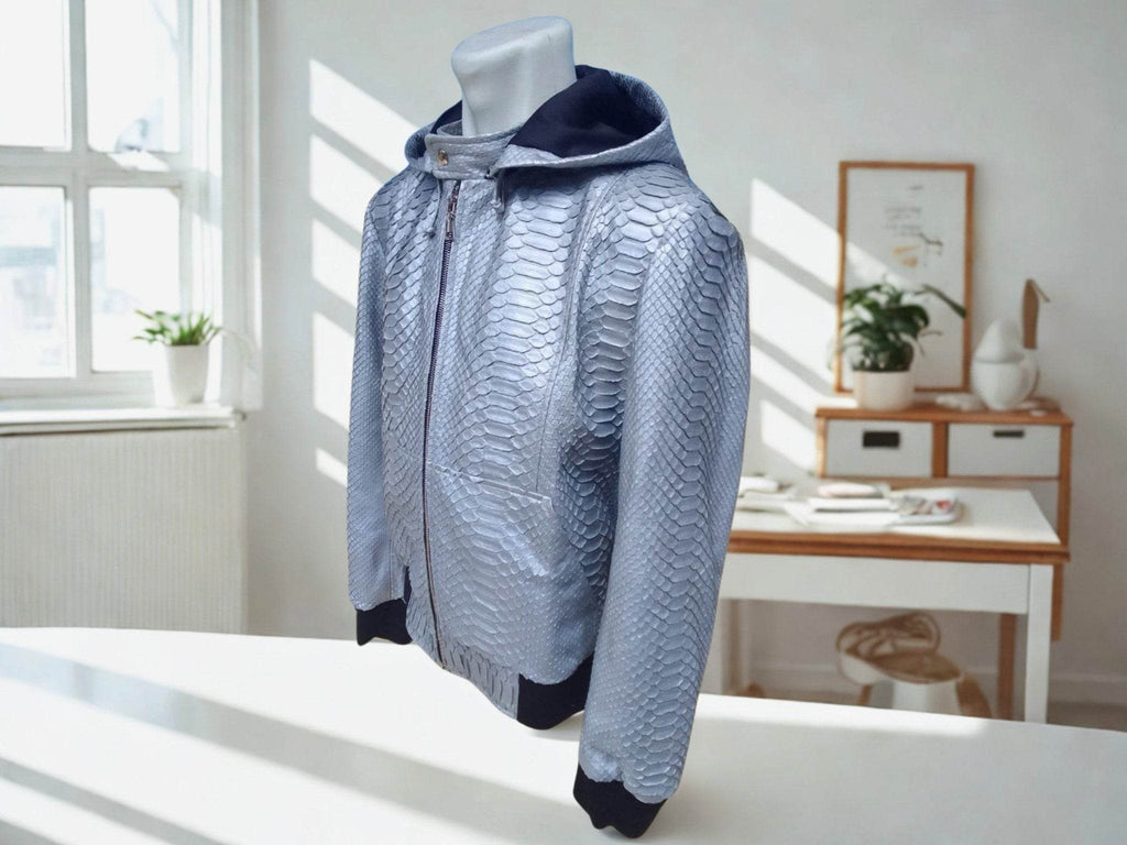 Light blue snakeskin-pattern zip hoodie jacket on a mannequin, hood and cuffs.