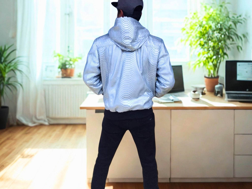Light blue snakeskin-pattern zip-up varsity hoodie jacket with hood, stand collar